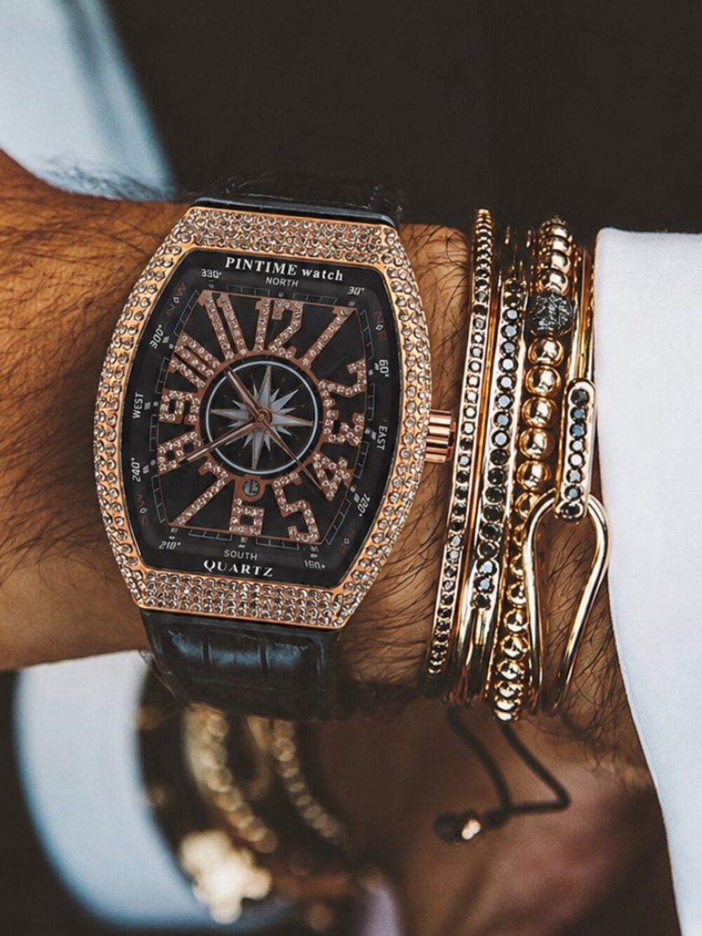 PINTIME Men’s Rose Gold Rhinestone Tonneau Watch Black Silicone Rubber Band